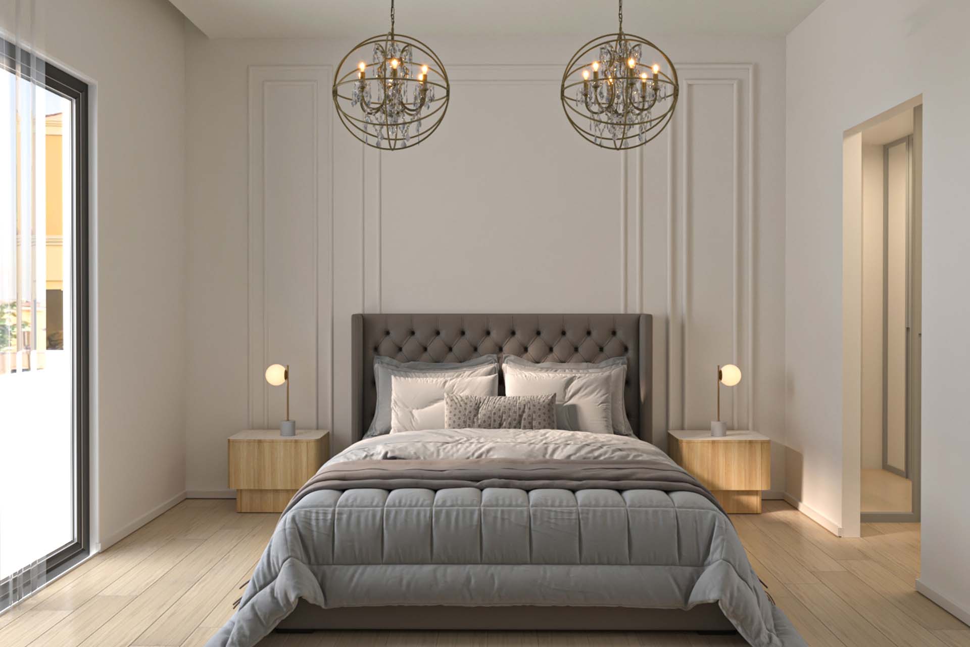 bedroom interior with luxury bedding-nightstand-and-chandeliers
