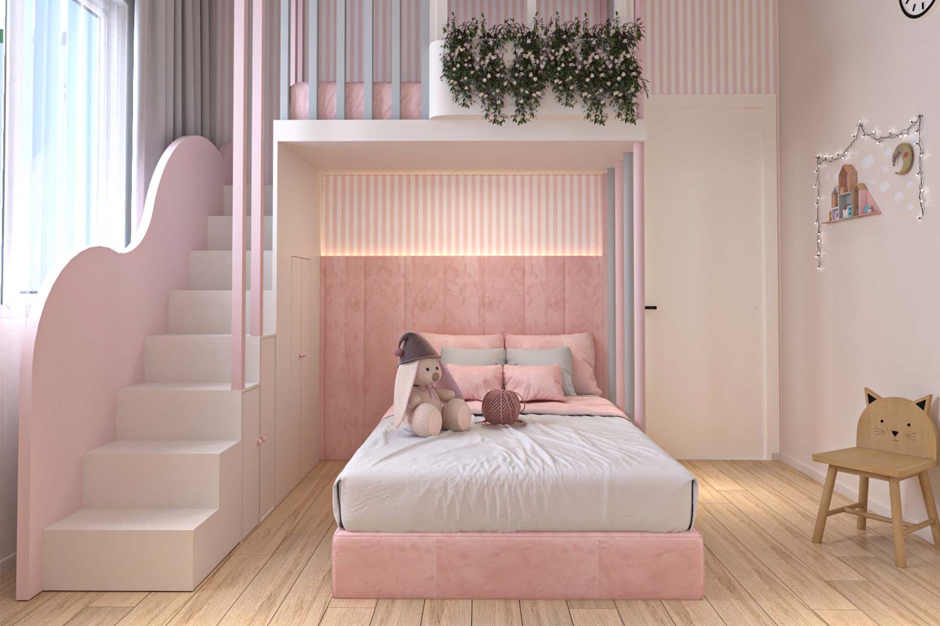 kids bedroom with a bed, built-in storage stairs and a wooden cat-shaped chair