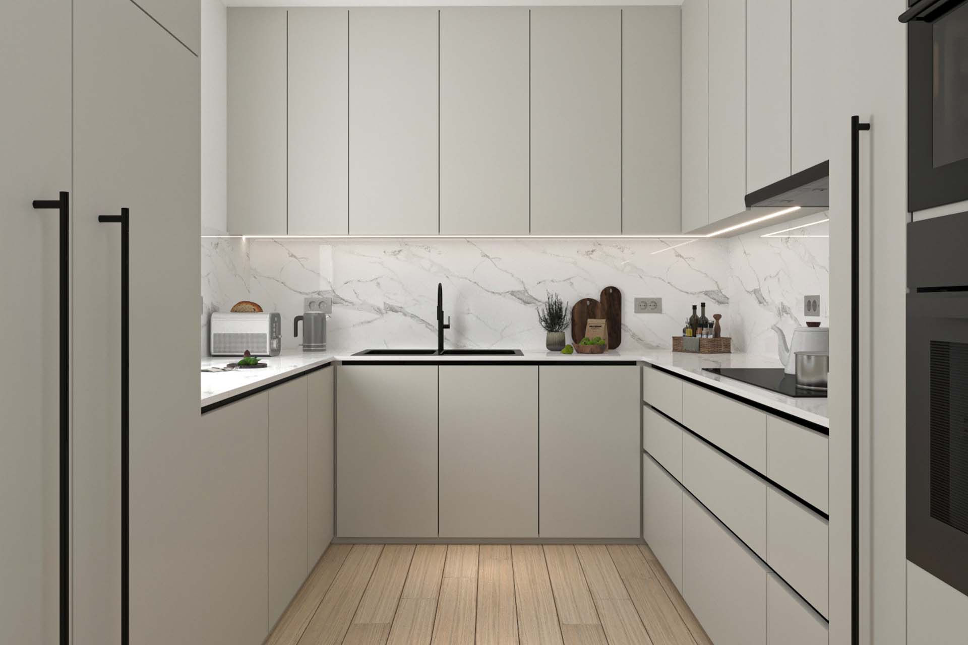 u-shaped kitchen with light grey cabinets and black faucet