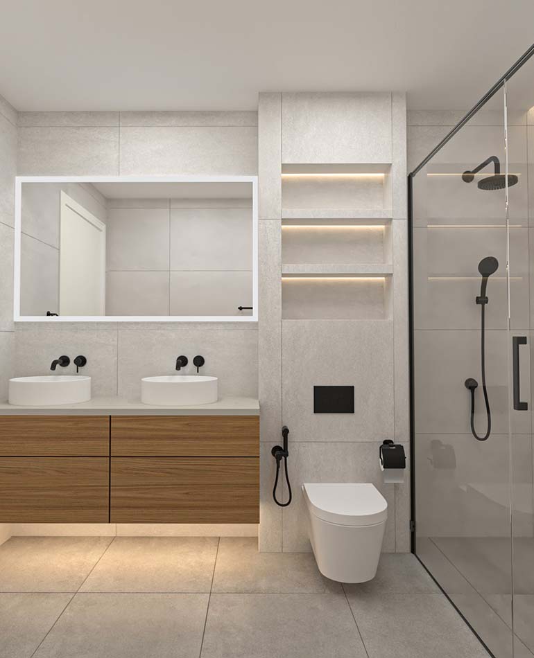 modern bathroom with dual vessel sinks, wall-mounted toilet and glass-enclosed shower
